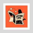 Everything is Awful Black Cat in orange - Art Print by The Charcoal Cat Co.  